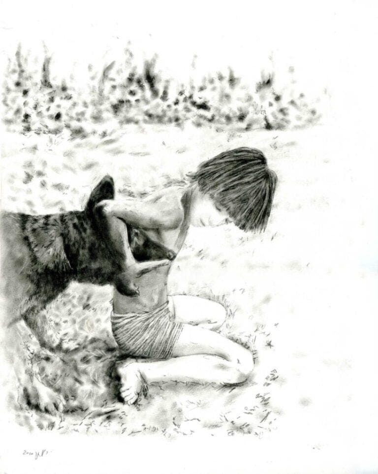 Eyal and His Dog - Charcoal painting