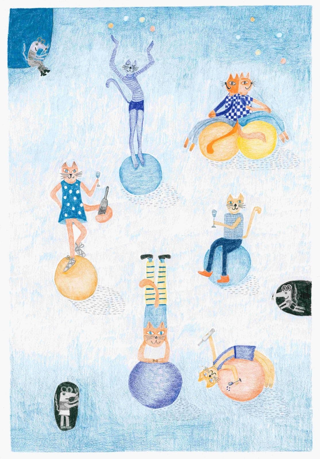 Cat on Blue Ball and Friends