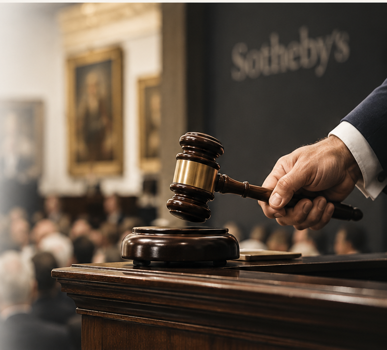 Auctioneer with gavel in a saleroom